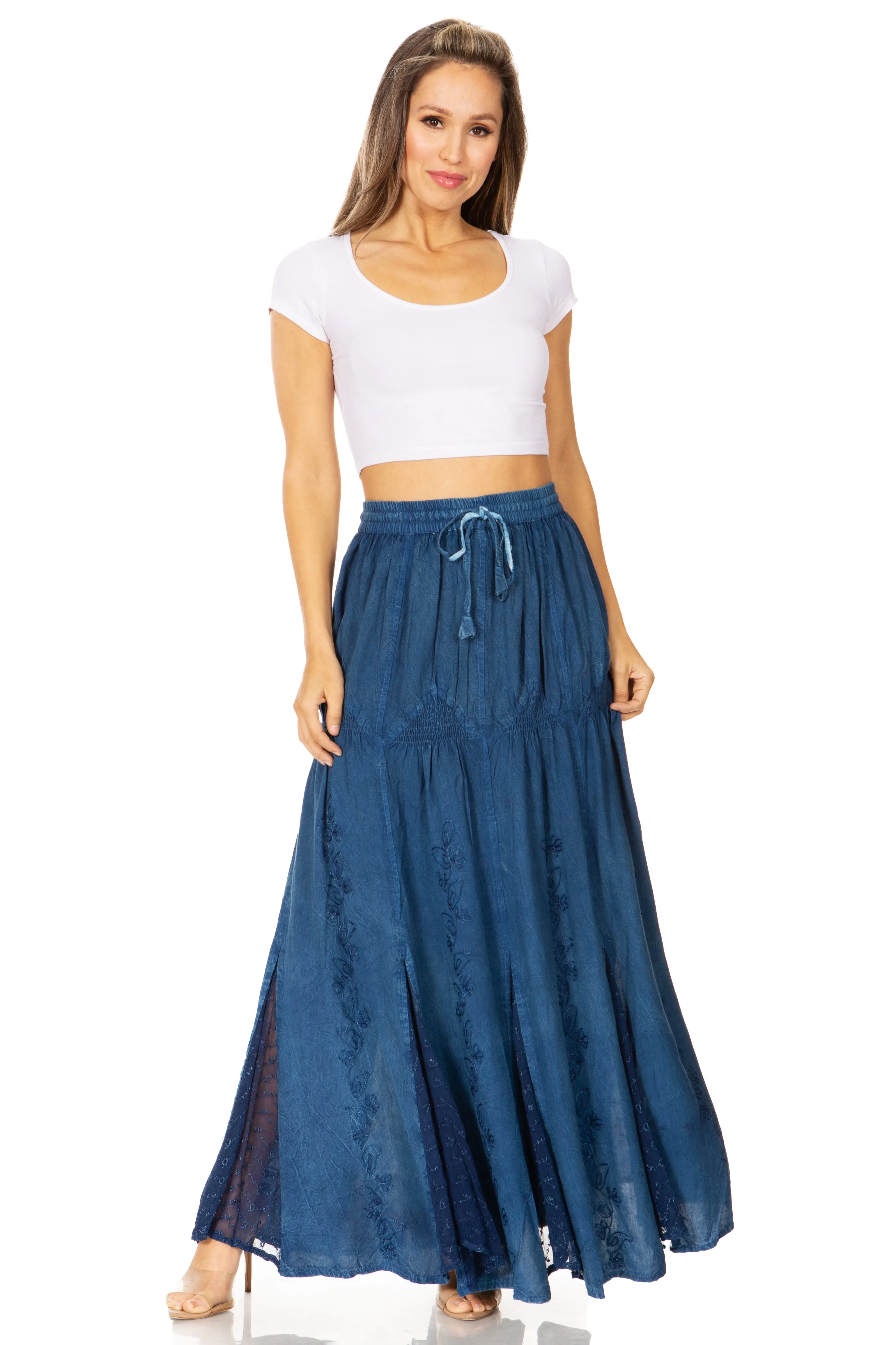 Sakkas Olivia Womens Maxi Bohemian Gypsy Long Skirt With Elastic Waist and Lace