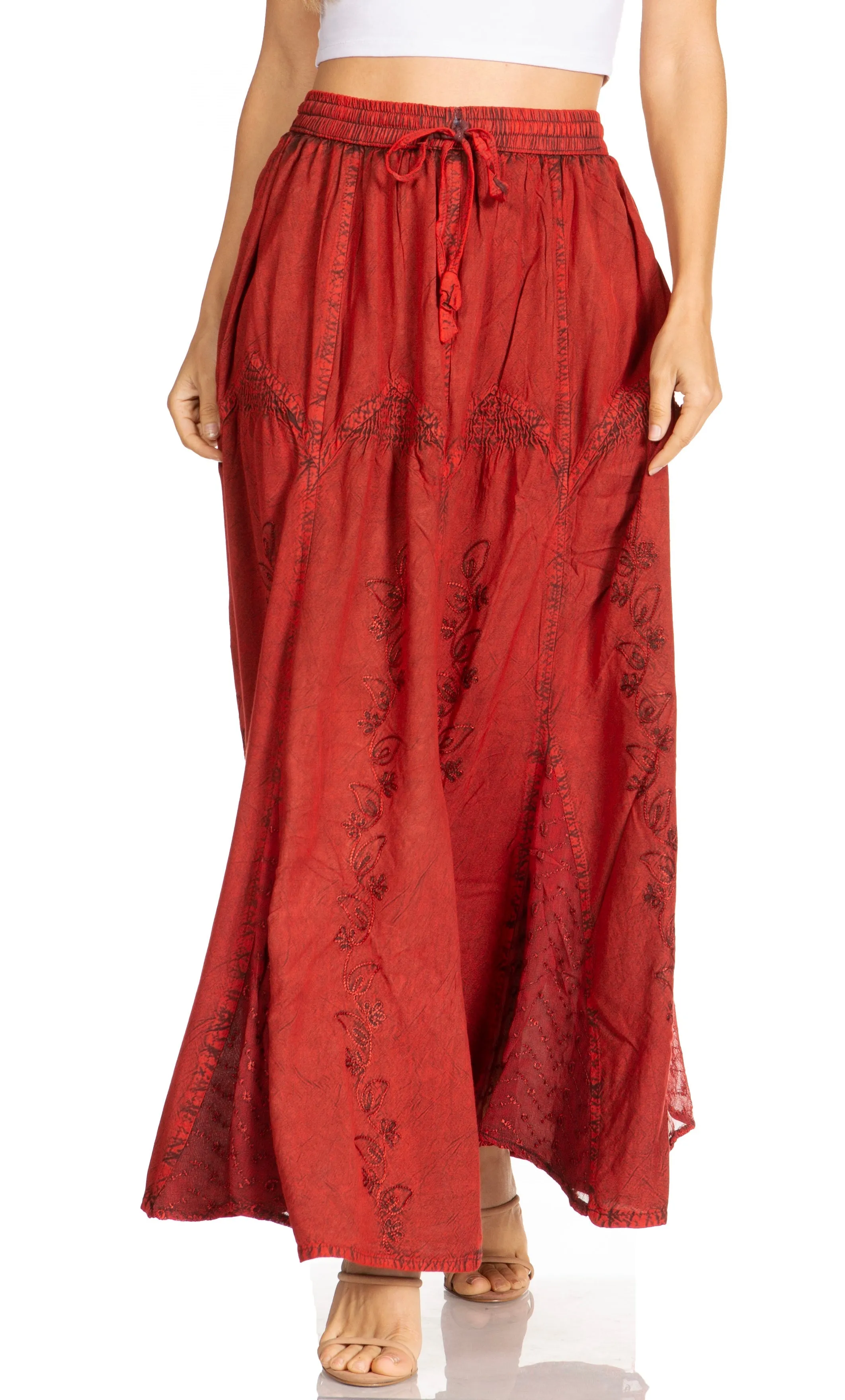 Sakkas Olivia Womens Maxi Bohemian Gypsy Long Skirt With Elastic Waist and Lace