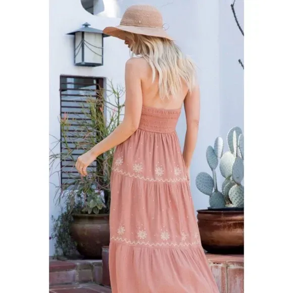 Sandstone Embroidered Floral Smocked Waist Gauze Summer Casual Halter Maxi Dress