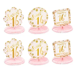 Sweet 16 Birthday Decorations, Pink and Gold Paper Honeycomb Centerpieces (6 Pack)