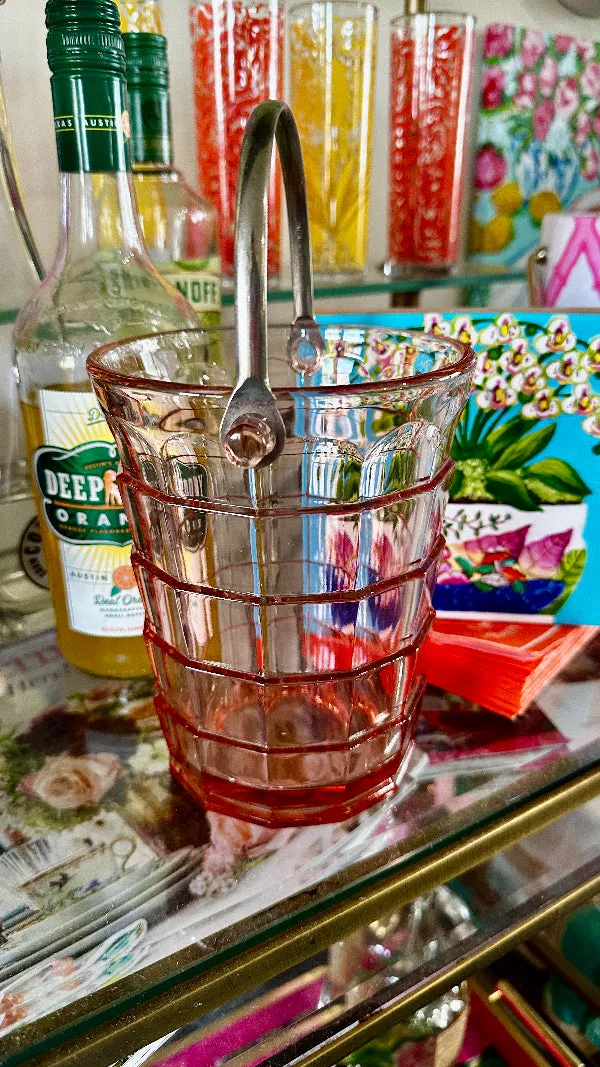 Vintage Pink Ice Bucket, Tea Room Depression Glass, Indiana Glass, Art Deco,1926-1931, Silver Tone Handle