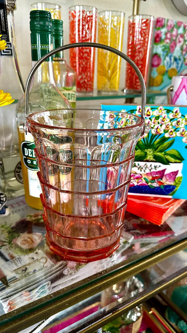 Vintage Pink Ice Bucket, Tea Room Depression Glass, Indiana Glass, Art Deco,1926-1931, Silver Tone Handle