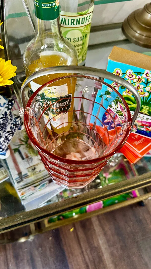 Vintage Pink Ice Bucket, Tea Room Depression Glass, Indiana Glass, Art Deco,1926-1931, Silver Tone Handle