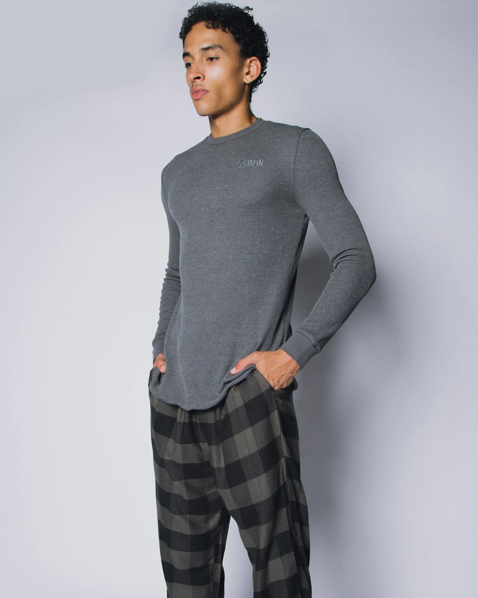 Waffle Knit Long Sleeve T-Shirt - Dark Gray