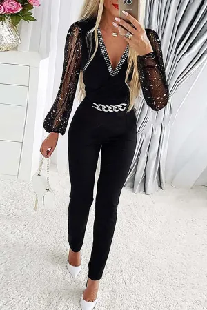 Work Elegant Solid Metal Accessories Decoration Hot Drill V Neck Regular Jumpsuits